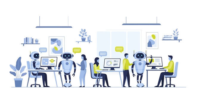 Humans and Robots Working Together in Modern Office Illustration - Future of Work and AI Collaboration Flat Vector Concept