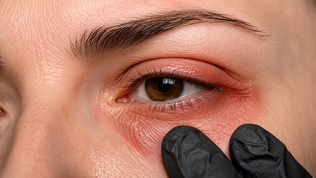 Detailed 4K macro shot showing a medical examination of a female eye with severe erythema, swelling, and inflammation on the upper and lower eyelids.