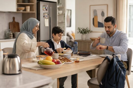 muslim family sharing breakfast before school and work in a brig