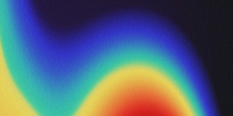 Fototapeta premium A vibrant, grainy abstract background featuring smooth, fluid rainbow gradient waves against a dark backdrop, ideal for modern design projects.