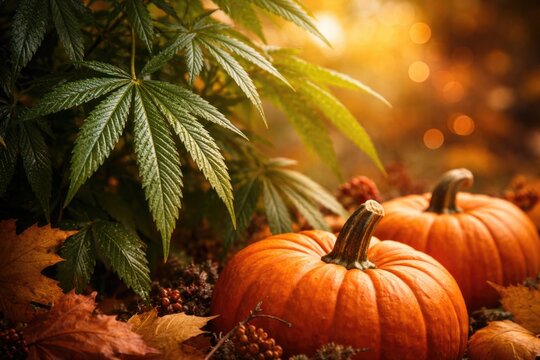 Zoomed image of vivid cannabis leaves with fresh orange pumpkins presenting a festive fall atmosphere and smooth bokeh backdrop for text