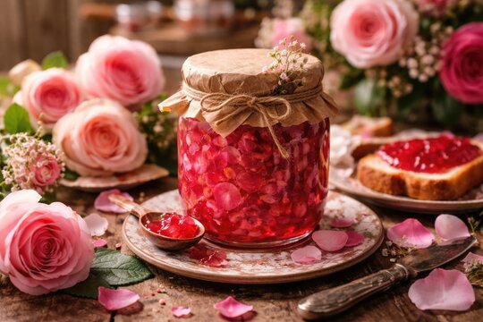 Rustic styled jar of rose petal jam paired with fresh flowers for special romantic breakfasts