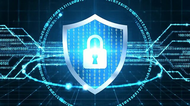 Cybersecurity shield protects digital data flow online or Secure shield guards data with binary code stream
