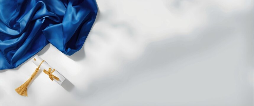 Blue academic regalia with diploma and tassel presented on minimal background with copyspace for text