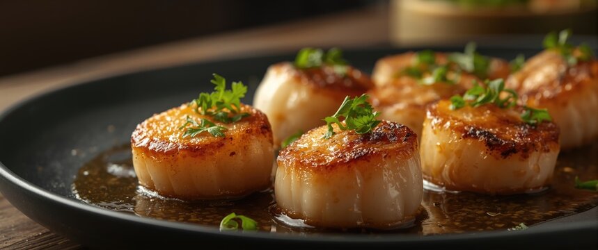 Sizzling Scallops in Tapas Style Elegant Black Plate, Close-Up, Rich Colors