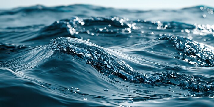 Close view of deep blue ocean water with rolling curved waves and sparkling sunlight reflections on clear smooth surface natural seascape
