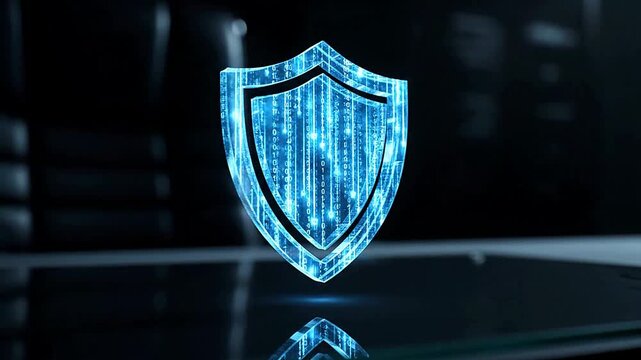 Digital shield protects data in cybersecurity concept or digital data security shield hologram with binary code flowing through it