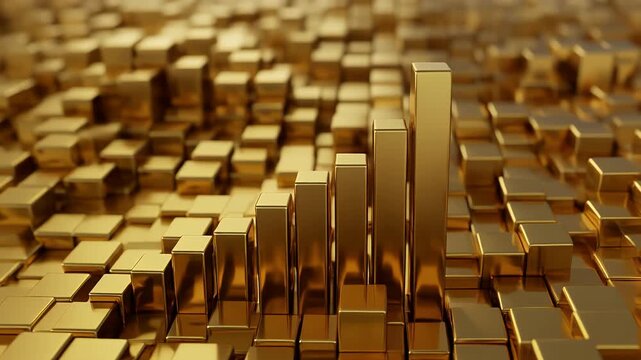 Golden bars rise above a sea of smaller cubes in a 3D graphic representation