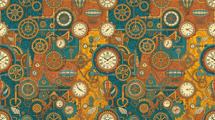 Flat vector steampunk seamless pattern, gears, clocks and vintage machinery, colorful retro futuristic illustration © Maftuh