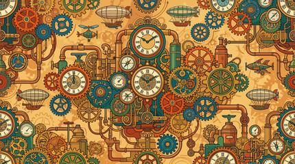 Flat vector steampunk seamless pattern, gears, clocks and vintage machinery, colorful retro futuristic illustration © Maftuh