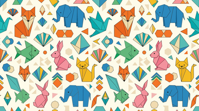 Flat vector origami seamless pattern, folded paper animals and geometric shapes, colorful minimal illustration