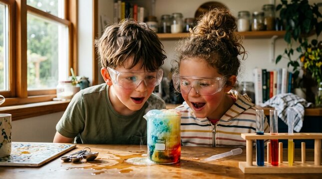 Two excited children in safety goggles observing a colorful science experiment bubbling in a beaker on a wooden table.