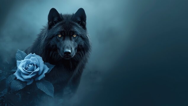 a poised black wolf with an enchanting blue rose surrounded by gentle fog