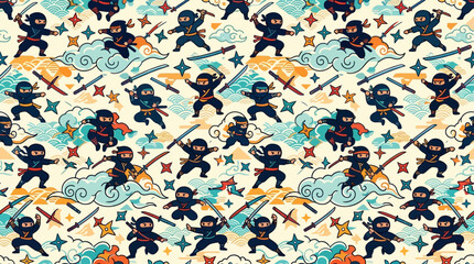 Fototapeta premium Flat vector ninja seamless pattern, ninja stars, swords and Japanese clouds, colorful modern illustration