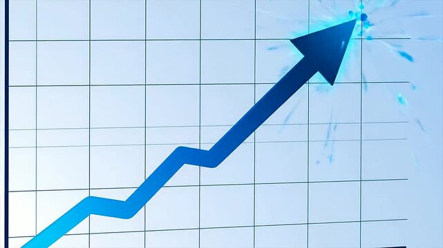 Rising blue arrow shows financial growth on grid background or Blue arrow demonstrates economic profit rising up on chart