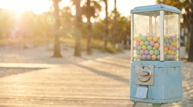 Vintage blue gumball machine on a beach boardwalk. Nostalgic seaside concession and retro summer.