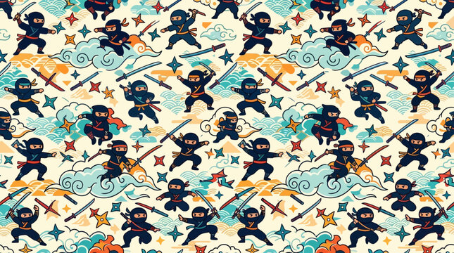 Flat vector ninja seamless pattern, ninja stars, swords and Japanese clouds, colorful modern illustration