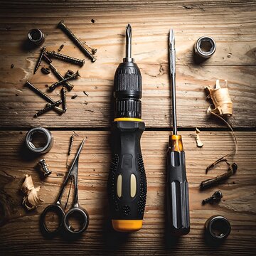 Hand tools on wooden workbench background.