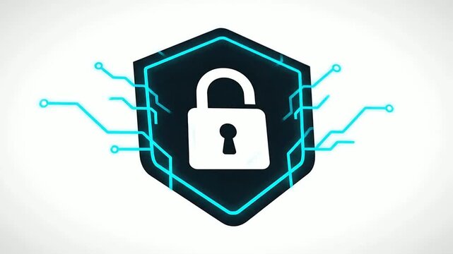 Secure padlock icon displayed with digital circuit lines animation on black and white background or Data protection logo with electronic lock rotating and futuristic blue neon lines
