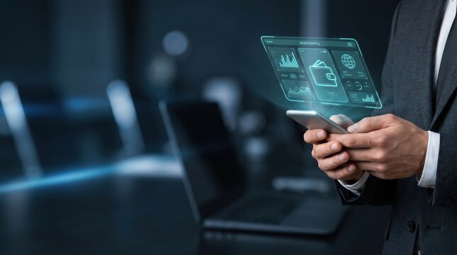 Businessman using a mobile phone with a fintech HUD. Digital wallet and secure mobile banking.
