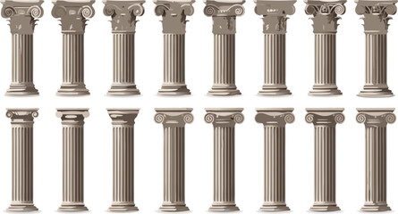Fototapeta premium Ancient Greek Column Illustration Set Featuring Classical Roman Pillars, Architectural Stone Columns, and Historic Temple Design Elements