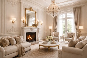 Fototapeta premium Refined beige and white home interior with fireplace and ornate moldings illustration template