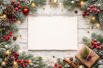 Fototapeta premium Winter holiday greeting card adorned on white wood backdrop with space for message from top view