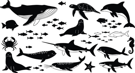 Marine Animal Silhouette Illustration Set Featuring Whales, Dolphins, Sharks, Sea Turtles, and Ocean Wildlife Shapes © EdGe Creative