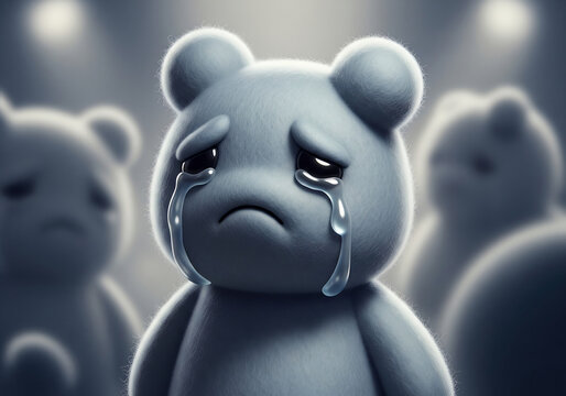 Sad crying teddy bear meme character expressing emotional distress in a dark moody digital 3d style for viral internet humor and relatable content