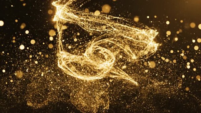 Abstract gold particles floating on black background festive motion graphics