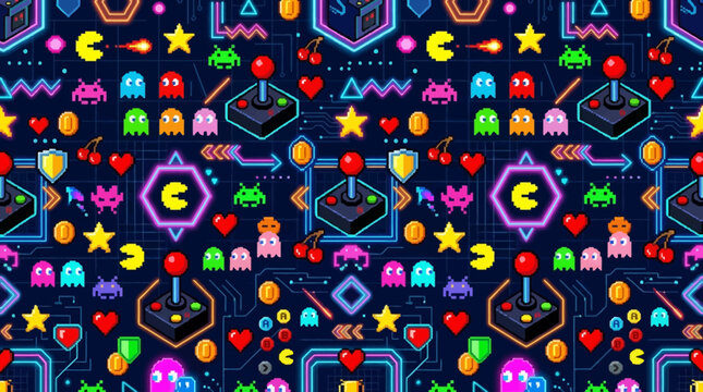 Flat vector retro arcade seamless pattern, pixel icons, joysticks and neon geometric shapes, colorful gaming illustration