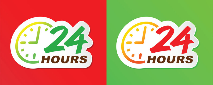 Vector illustration of 24 hours service stickers. Round clock icon with "24 Hours" text in green and red colors. Perfect for customer support, delivery, and open daily shop signs. 