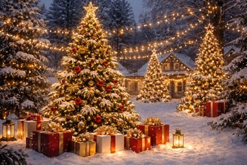 Fototapeta premium Winter holiday setting with decorated trees and seasonal celebration elements