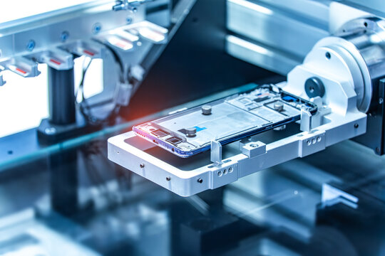 Robot holding glue syringe Injection in mobile phone factory