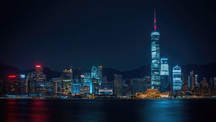 Obraz premium City skyline illuminated by colorful night lighting