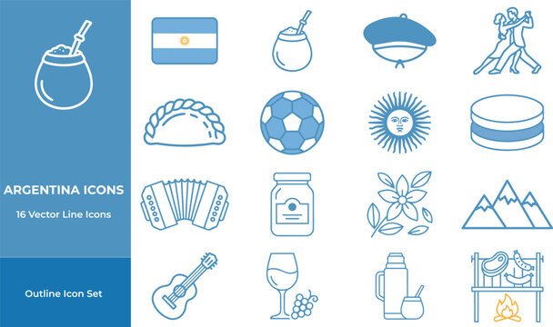 Argentina outline vector icons set &ndash; traditional culture and national symbols collection
