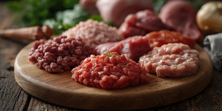 Assorted ground meats including beef, pork, lamb, and chicken on a natural rustic surface with copy space for paleo diet