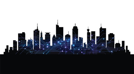 Fototapeta premium Digital city skyline illustration featuring glowing circuit board patterns integrated into a modern urban silhouette design