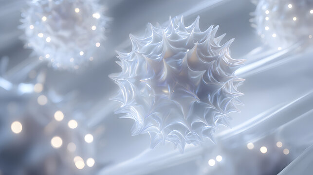 Virus particles with spiky surfaces floating in a futuristic environment with glowing lights