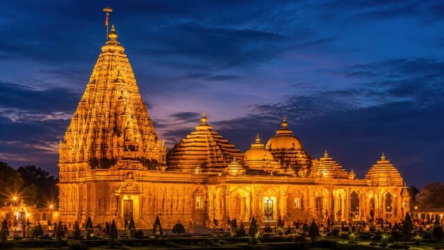 Illuminated dwarkadhish temple at dusk with blue sky hindu temple dwarkadhish