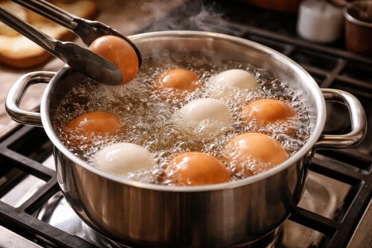 Making hard boiled eggs by boiling in a kitchen pot