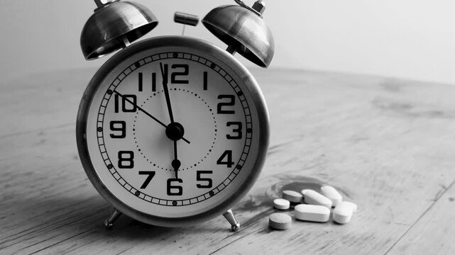 Black and white 1950's style movie of pills and alarm clock 