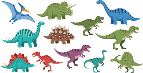 Dinosaur Illustration Set Featuring Tyrannosaurus, Triceratops, Stegosaurus, Pterodactyl, and Prehistoric Cartoon Reptile Characters © EdGe Creative