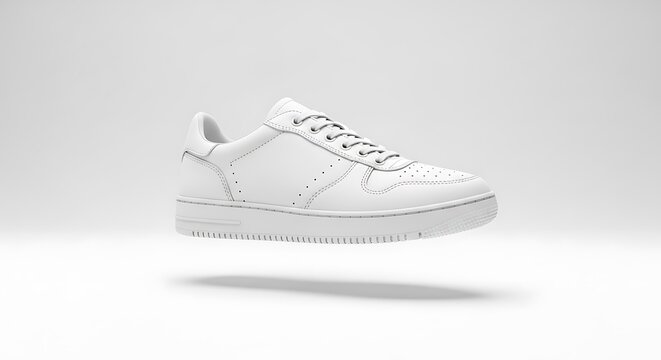 A 31 White sneaker mockup with fine stitching floating on clean surface