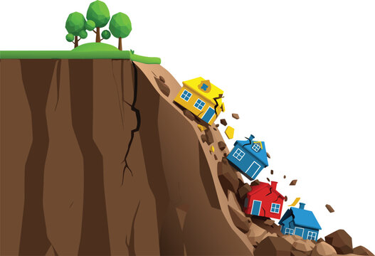 Landslide Disaster Illustration Featuring Houses Falling From Cliff, Soil Erosion, Natural Hazard, and Environmental Catastrophe Concept