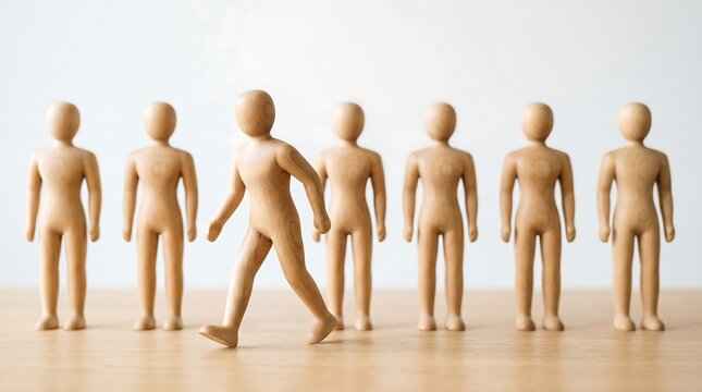 Group Conformity Concept with Wooden Figures &ndash; One Standing Apart Representing Leadership and Individual Choice