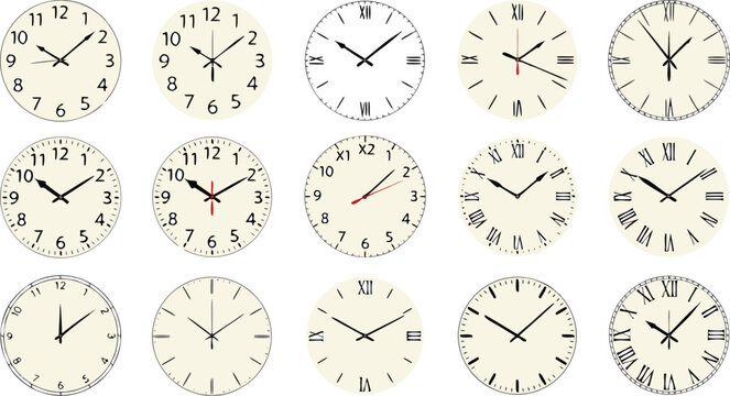 Vintage Wall Clock Illustration Set Featuring Analog Timepieces, Roman Numeral Clock Faces, and Classic Time Management Designs