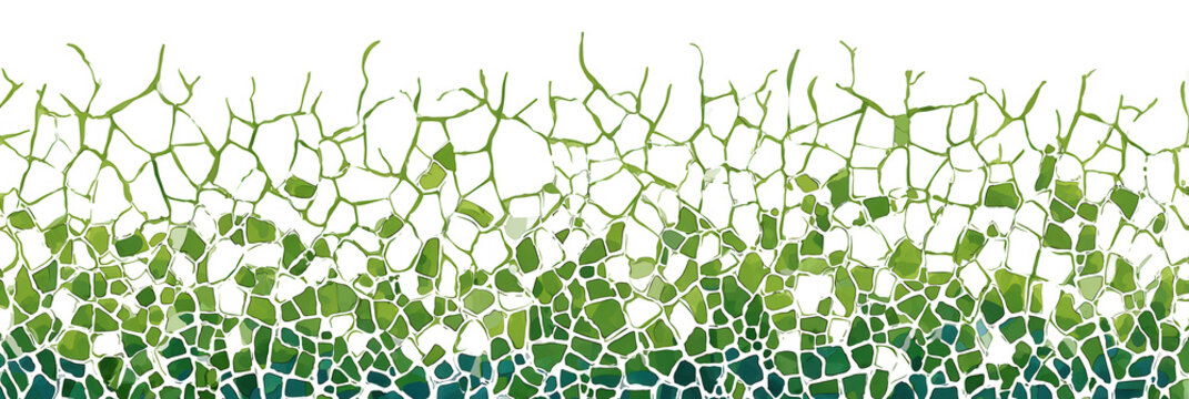 Padr&atilde;o abstrato de c&eacute;lulas verdes e azuis em transi&ccedil;&atilde;o de gradiente, criando uma borda org&acirc;nica moderna sobre um fundo branco, ideal para design gr&aacute;fico e temas de natureza.