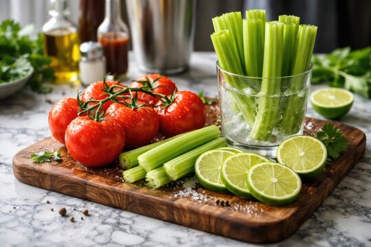 Arranged tomatoes, celery sticks, and lime slices on a refined marble tabletop for beverage mixing