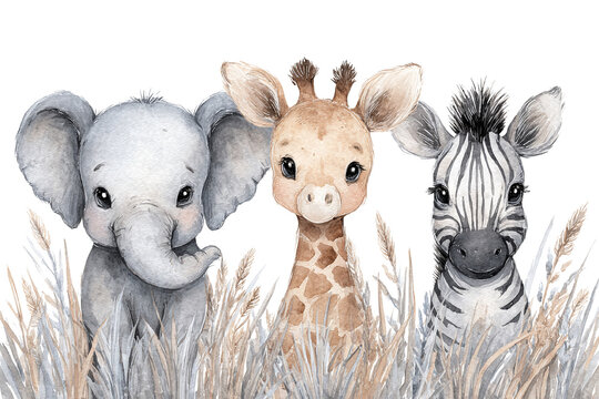 Ilustra&ccedil;&atilde;o aquarela encantadora de um elefante beb&ecirc;, girafa e zebra espreitando da grama, perfeita para decora&ccedil;&atilde;o de quartos infantis e convites de ch&aacute; de beb&ecirc;.
